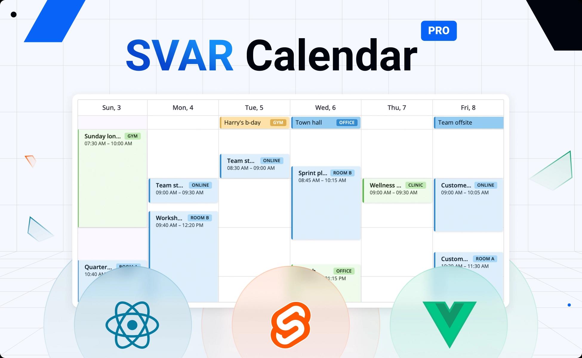 SVAR Event Calendar: React, Svelte, Vue용 Framework-native Component